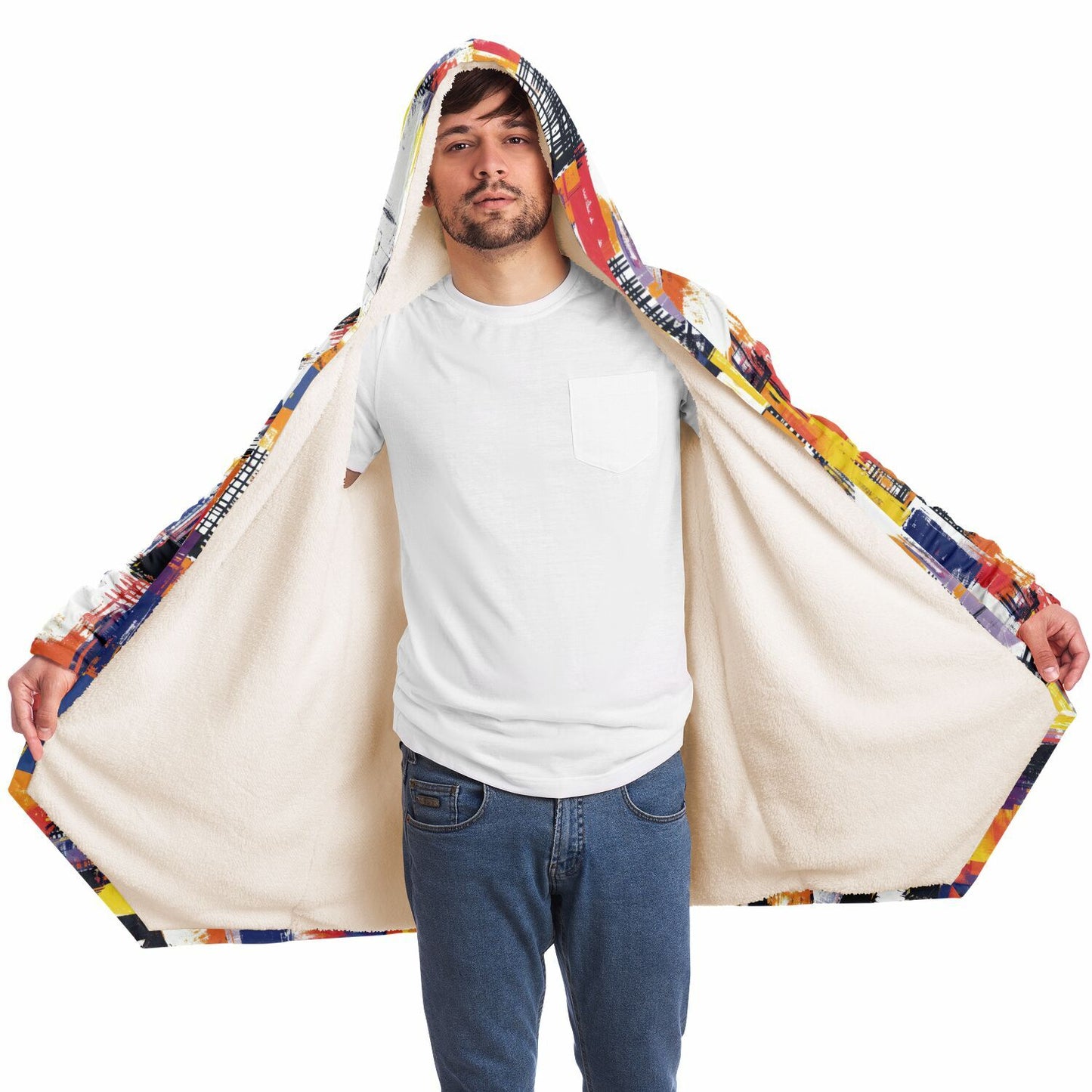 People Will Ask Where You Got This One! Abstract Grid Pattern, Vibrant Color Block Hooded Wrap