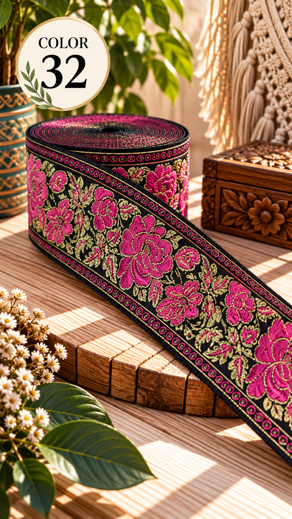 Embroidered Jacquard Lace Trim 5cm | 3 Yard Boho Woven Trim | Bag Strap, Clothing, Belt & DIY Sewing Craft Supply