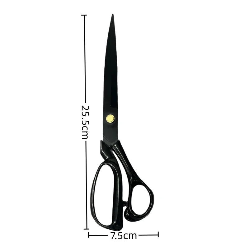 Black scissors with dimension markings showing a total height of 25.5 cm and a handle width of 7.