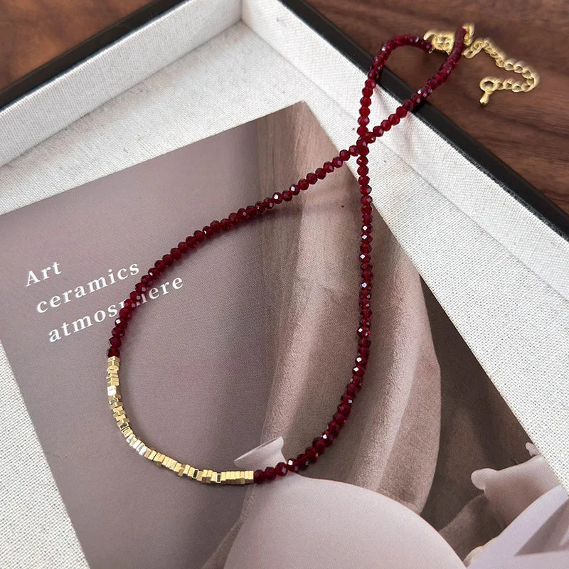 Red Pearl Bead Necklace | Glass Statement Necklace | Elegant Collarbone Jewelry Gift for Women