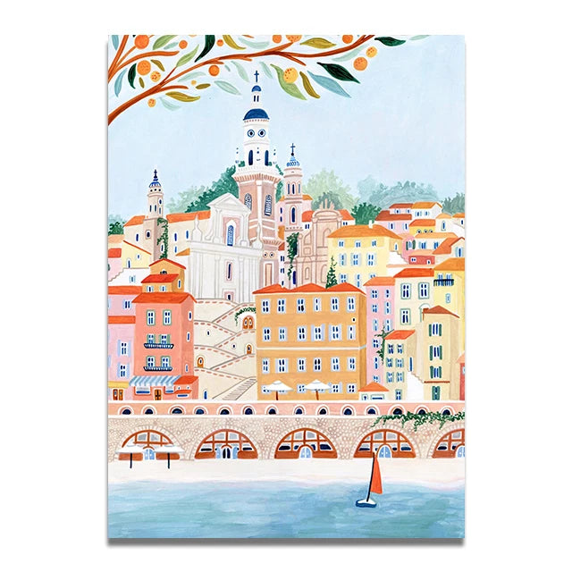 Santorini Lisbon Canvas Wall Art Print Poster Lake Como Central Park Decorative Painting Travel Mural Home Decor Gift Unframed