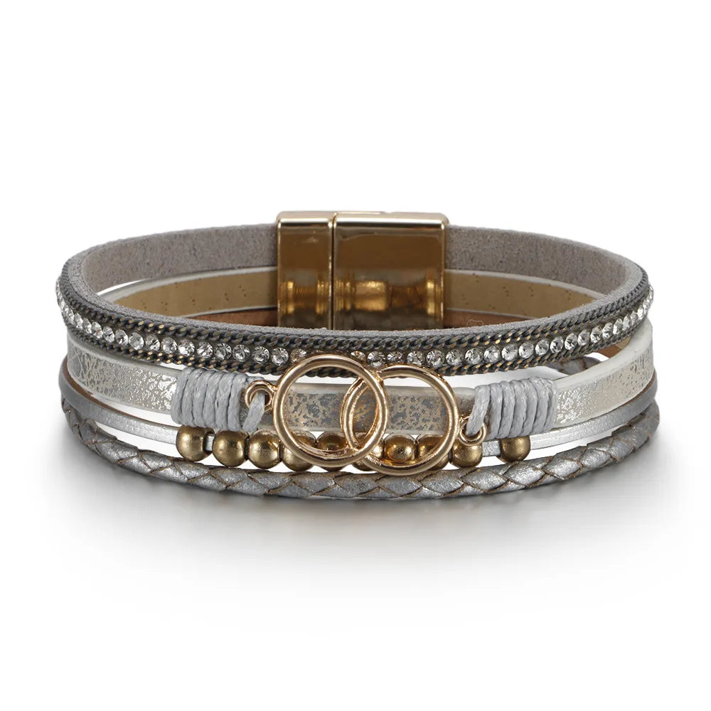 Women's Multilayer Leather Bracelet | Boho Woven Wrap Bracelet | Gold Tone Magnetic Clasp
