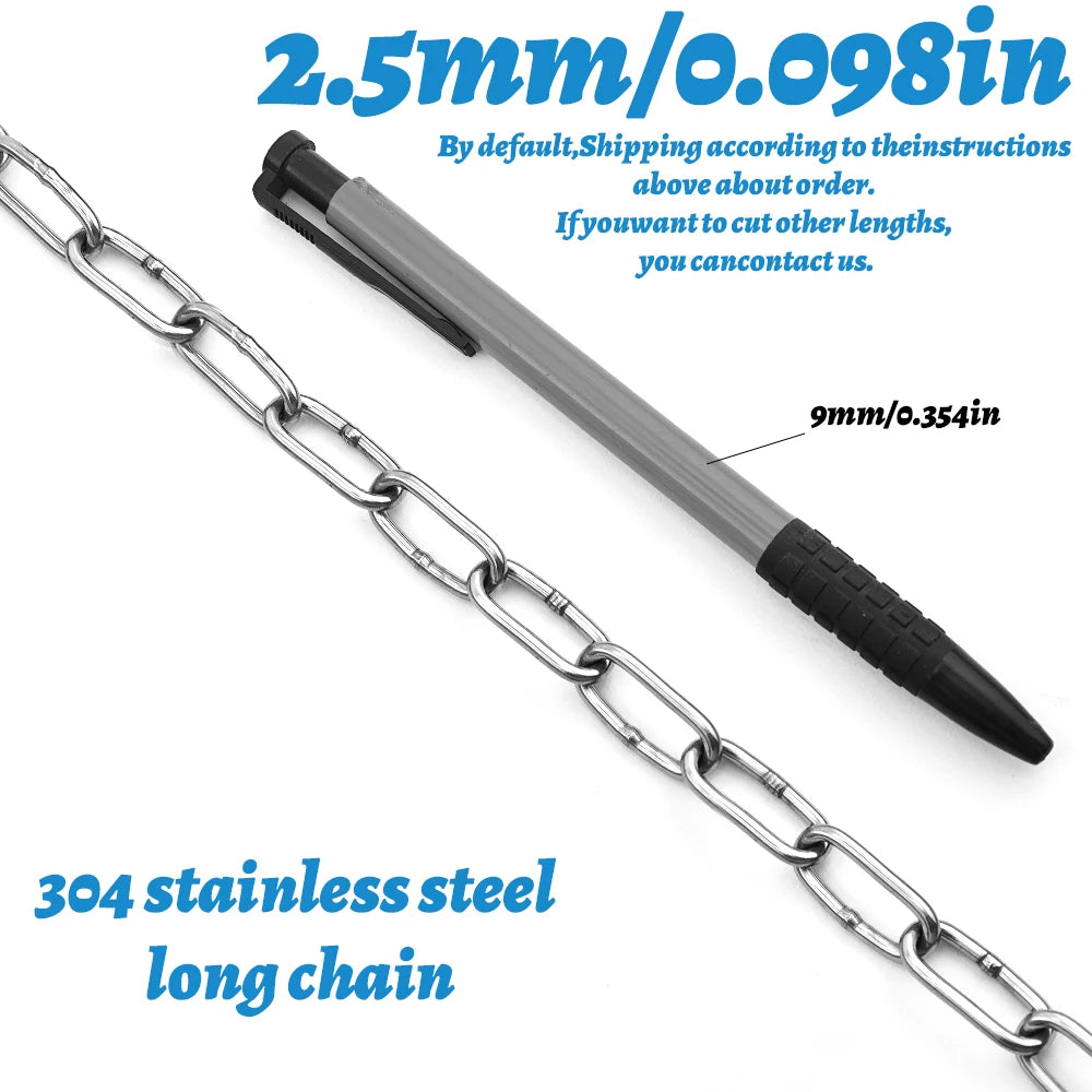 A stainless steel chain link pen shown diagonally on a white background with blue text overlays detailing product specifications and dimensions.