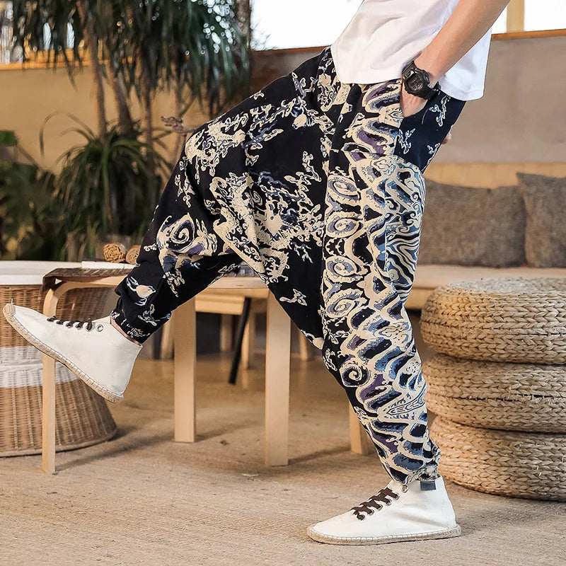 Men Harem Pants Print Retro Drop Crotch Joggers Trousers Men Baggy Loose Nepal Style Men Casual Pants M-5Xl