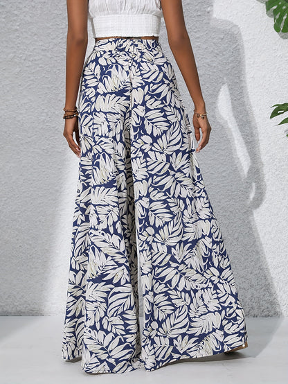 Bohemian Floral High Waist Elastic Waistband Women's Bohemian Floral Print Chiffon Wide-Leg Pants | Long Beach Trousers for Summer Vacation, Casual Elegant Style