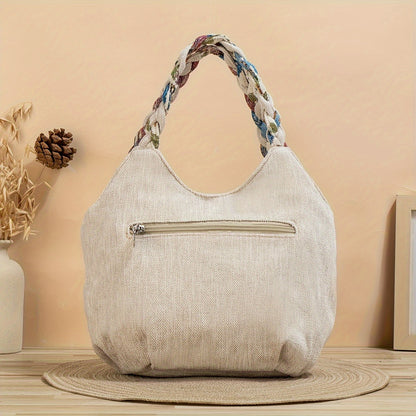 Bohemian Style Handmade Flower Tote Bag, Foldable, Zipper Closure, Fixed Shoulder Strap, with Wristlet, for Vacation