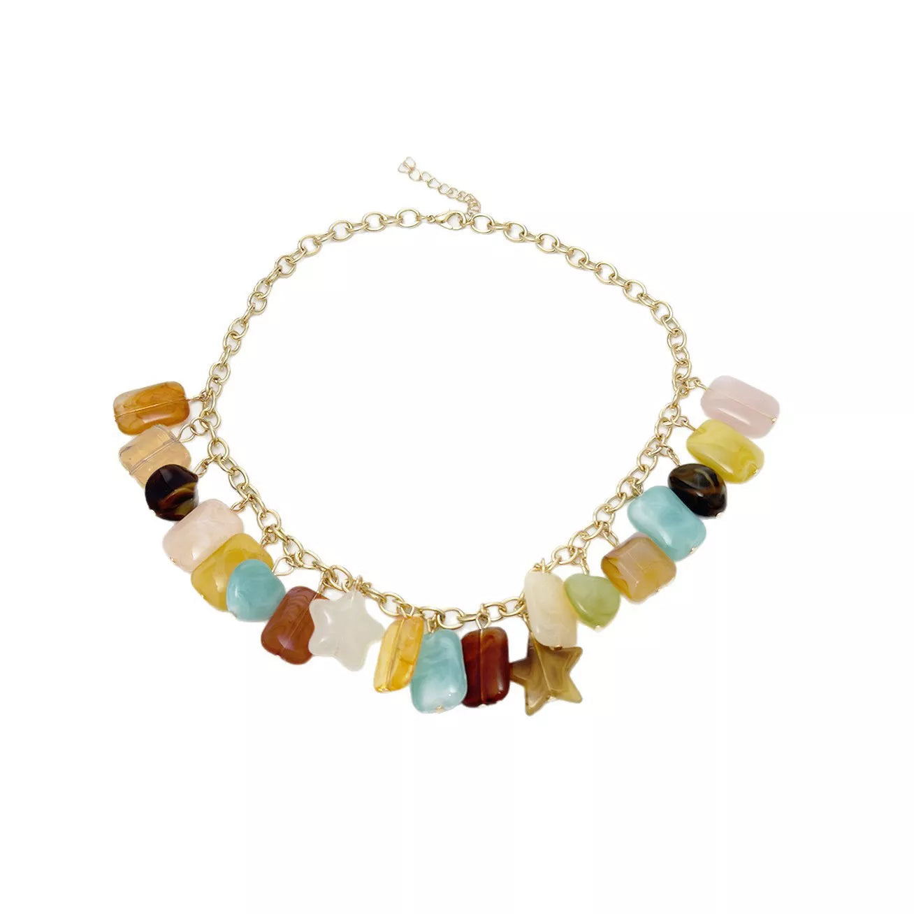 A gold-tone chain necklace featuring a row of colorful, irregularly shaped gemstone-like beads and charms in yellow, light blue, brown, pink, and white, displayed on a clean white background.