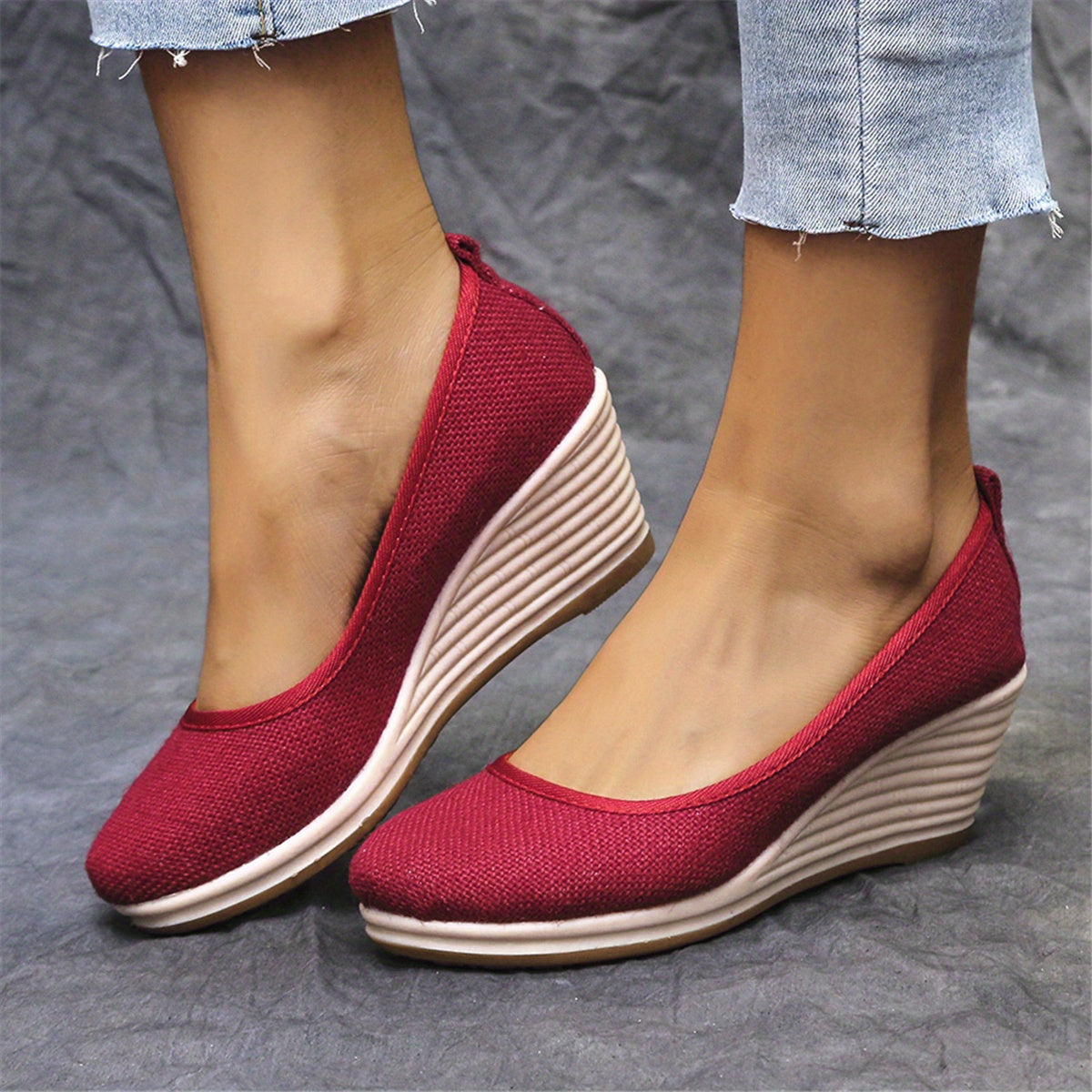 Bohemian Wedge Heel  Bohemian Breathable Fabric Wedge Heel Shoes | Women's Black & Natural Jute Mid-Heel Platform, TPR Sole for Autumn Casual & Semi-Formal Wear