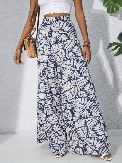Bohemian Floral High Waist Elastic Waistband Women's Bohemian Floral Print Chiffon Wide-Leg Pants | Long Beach Trousers for Summer Vacation, Casual Elegant Style