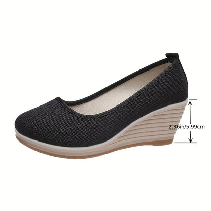 Bohemian Wedge Heel  Bohemian Breathable Fabric Wedge Heel Shoes | Women's Black & Natural Jute Mid-Heel Platform, TPR Sole for Autumn Casual & Semi-Formal Wear
