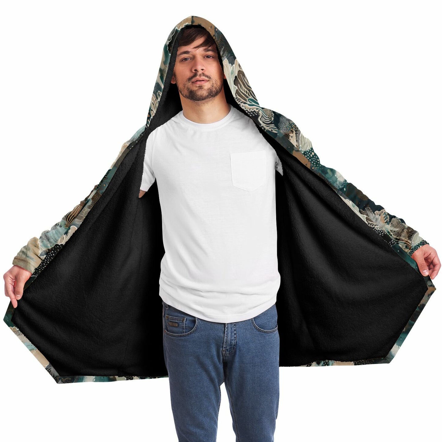 Warm Fall & Winter Hoodie Cloak | Teal Botanical & Abstract Coral Design