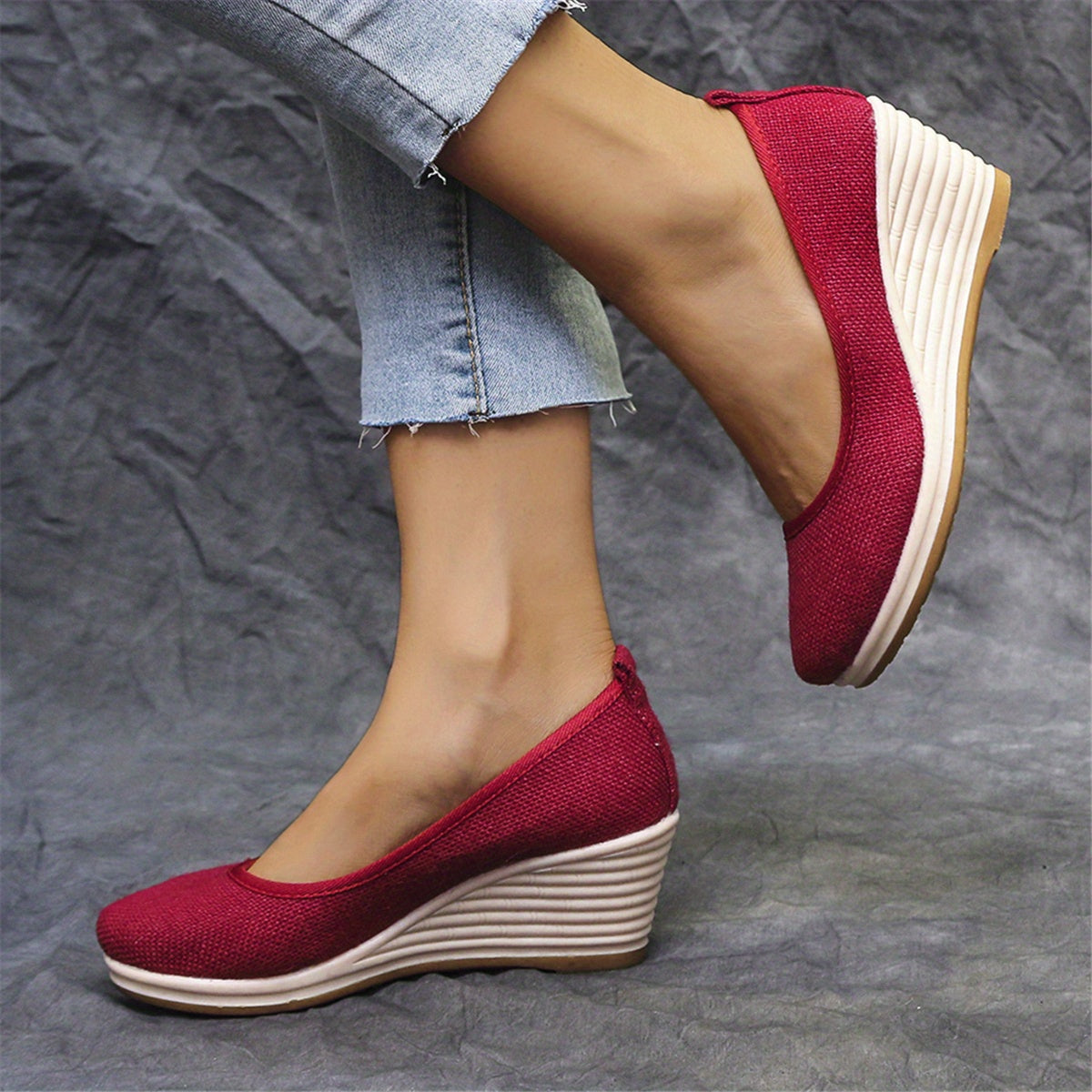 Bohemian Wedge Heel  Bohemian Breathable Fabric Wedge Heel Shoes | Women's Black & Natural Jute Mid-Heel Platform, TPR Sole for Autumn Casual & Semi-Formal Wear