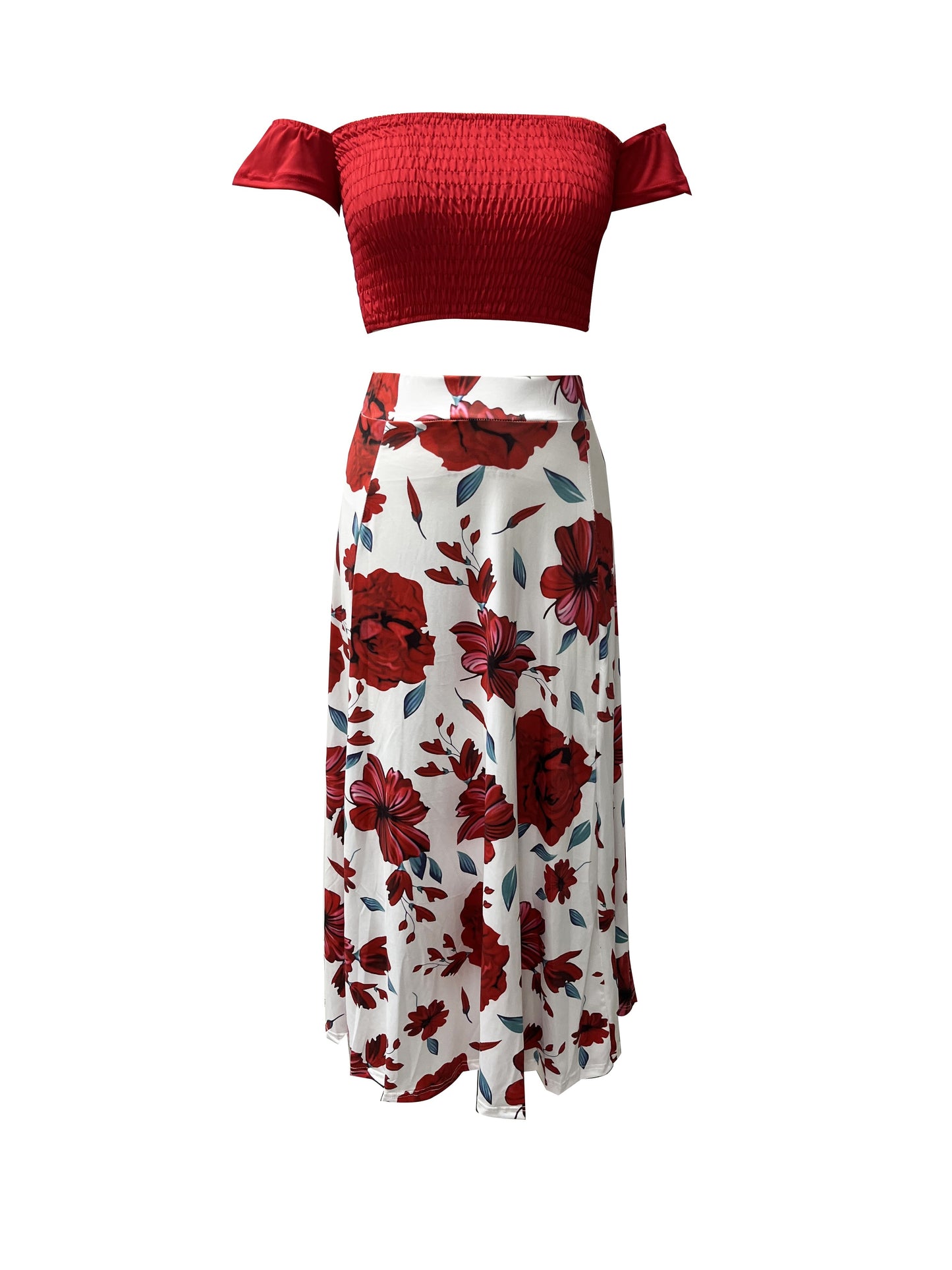 Slim-Fit French-Style Bohemian Digital Print Mid-Length Vintage Tube Top Skirt Set for Women