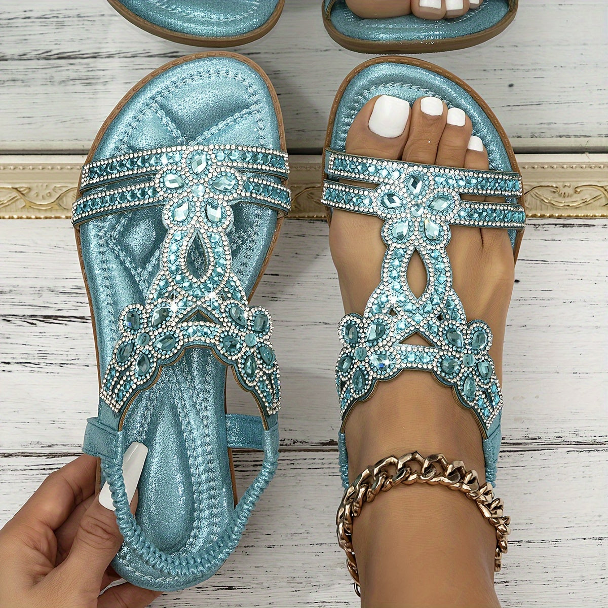 Women's Rhinestone Bohemian Wedge Sandals with Dress Shoe - Wide Width Summer Slippers, Thick Platform Heel &  Upper/Cushioning - Sparkling Party Shoes for Weddings, Beach, Prom (Hand Washable)