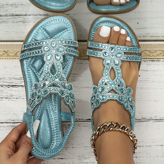 Women's Rhinestone Bohemian Wedge Sandals with Dress Shoe - Wide Width Summer Slippers, Thick Platform Heel &  Upper/Cushioning - Sparkling Party Shoes for Weddings, Beach, Prom (Hand Washable)