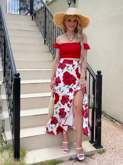 Slim-Fit French-Style Bohemian Digital Print Mid-Length Vintage Tube Top Skirt Set for Women