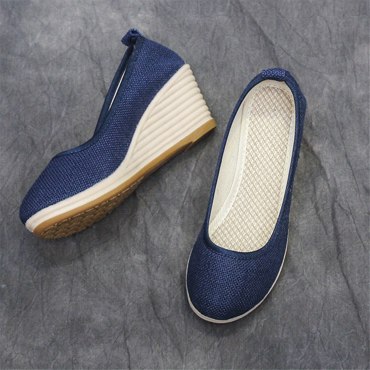 Bohemian Wedge Heel  Bohemian Breathable Fabric Wedge Heel Shoes | Women's Black & Natural Jute Mid-Heel Platform, TPR Sole for Autumn Casual & Semi-Formal Wear