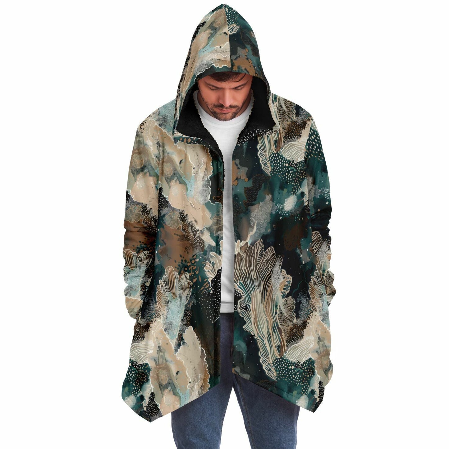 Warm Fall & Winter Hoodie Cloak | Teal Botanical & Abstract Coral Design