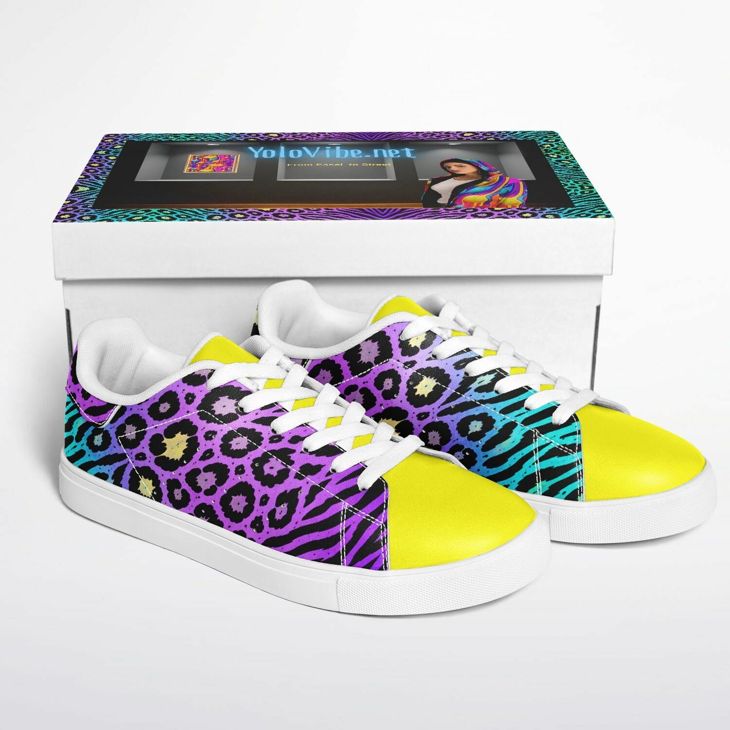 Teal Leopard & Zebra Unisex Sneakers – Bold Purple & Yellow Statement Shoes