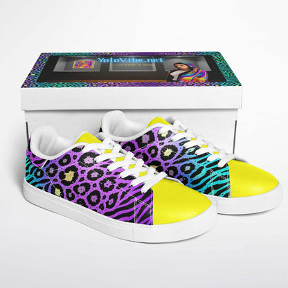 Teal Leopard & Zebra Unisex Sneakers – Bold Purple & Yellow Statement Shoes