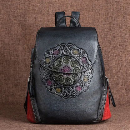 Vintage Handmade Floral Leather Backpack for Women