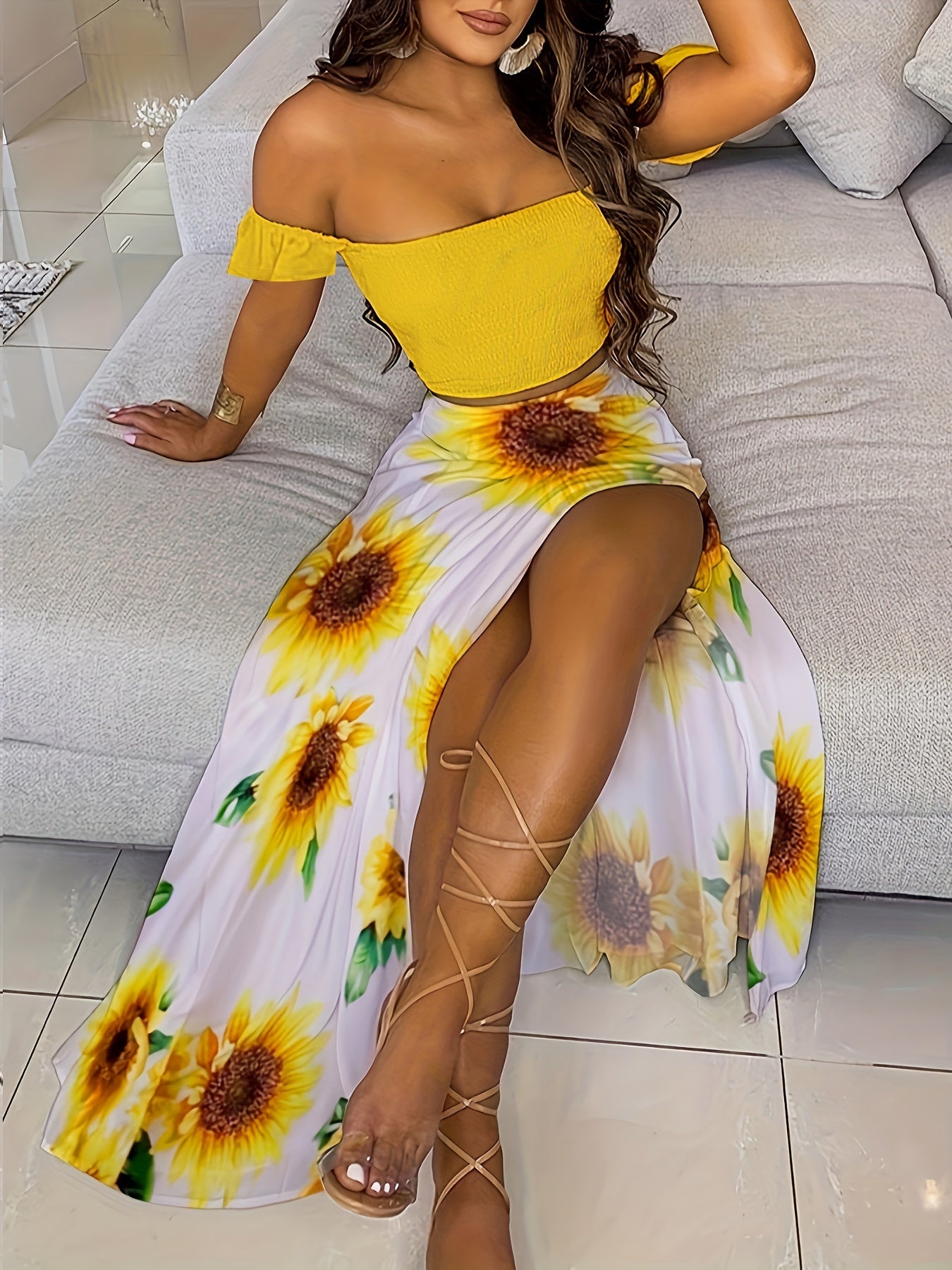 Slim-Fit French-Style Bohemian Digital Print Mid-Length Vintage Tube Top Skirt Set for Women