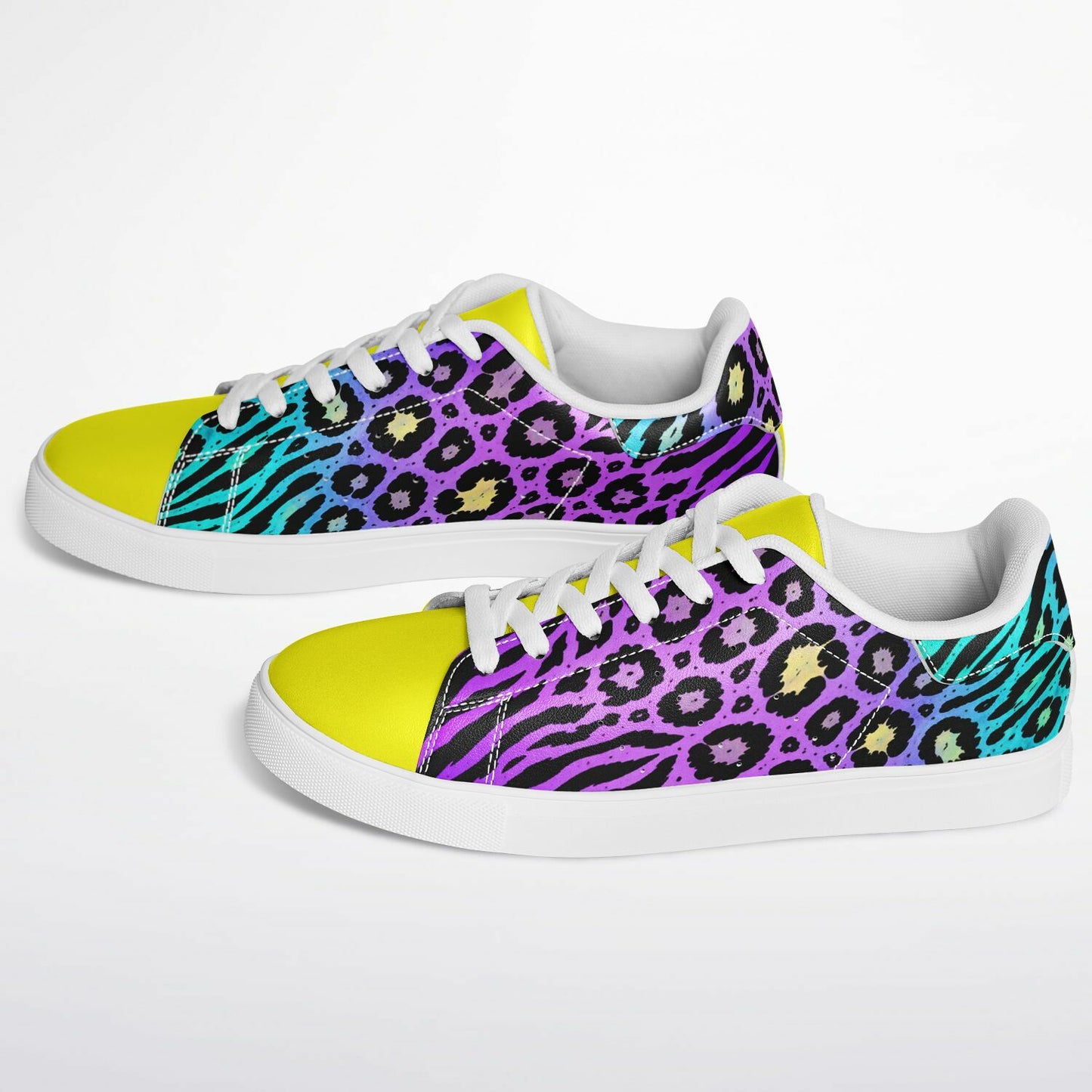 Teal Leopard & Zebra Unisex Sneakers – Bold Purple & Yellow Statement Shoes