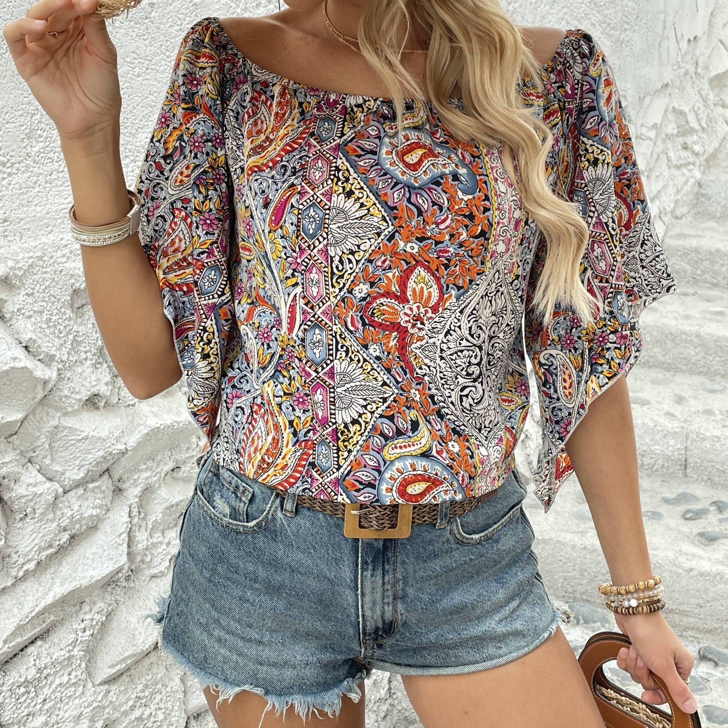 Bohemian Paisley Off-Shoulder Blouse - Lightweight with Statement Flare Sleeves - Perfect for Spring & Summer Outings