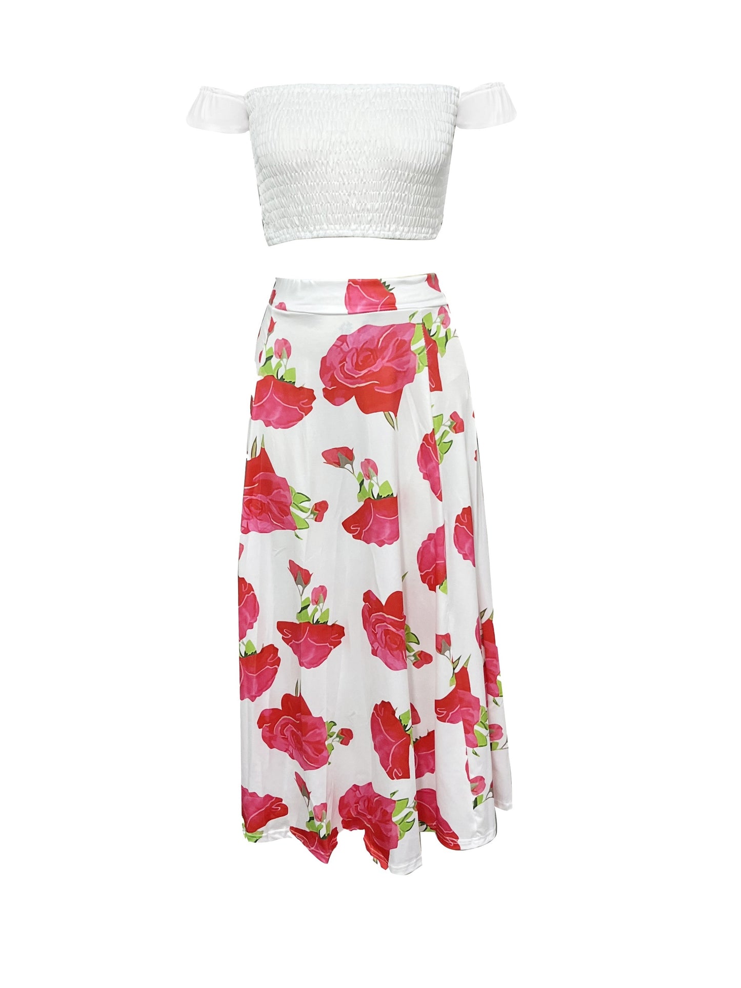 Slim-Fit French-Style Bohemian Digital Print Mid-Length Vintage Tube Top Skirt Set for Women