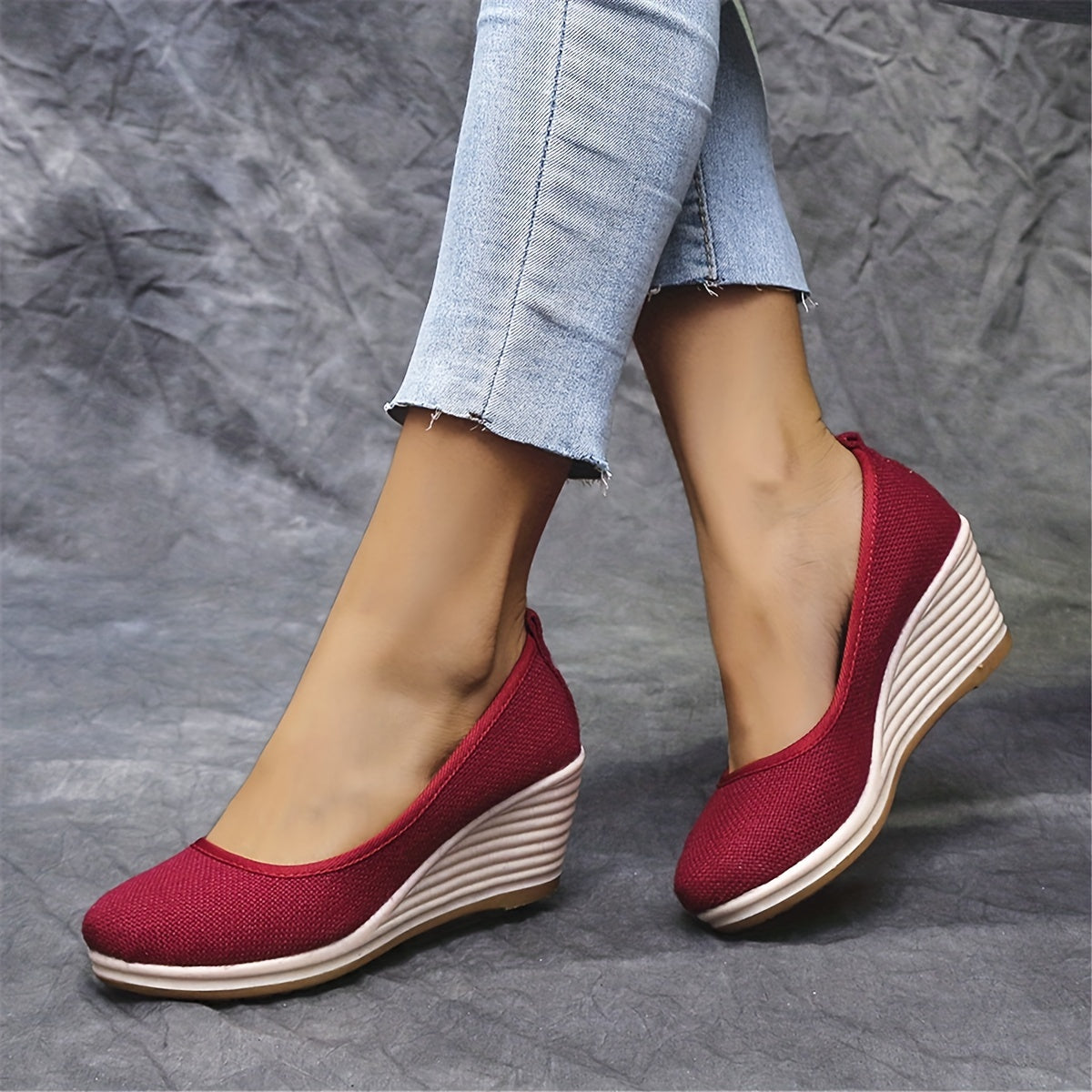 Bohemian Wedge Heel  Bohemian Breathable Fabric Wedge Heel Shoes | Women's Black & Natural Jute Mid-Heel Platform, TPR Sole for Autumn Casual & Semi-Formal Wear