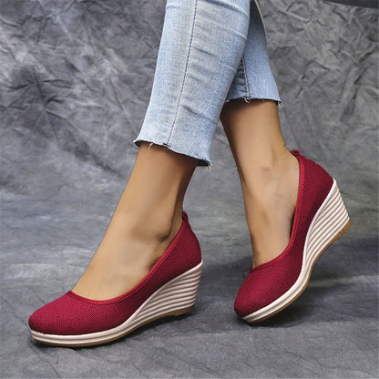 Bohemian Wedge Heel  Bohemian Breathable Fabric Wedge Heel Shoes | Women's Black & Natural Jute Mid-Heel Platform, TPR Sole for Autumn Casual & Semi-Formal Wear