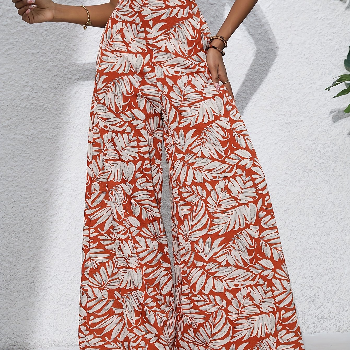 Bohemian Floral High Waist Elastic Waistband Women's Bohemian Floral Print Chiffon Wide-Leg Pants | Long Beach Trousers for Summer Vacation, Casual Elegant Style
