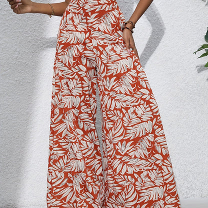 Bohemian Floral High Waist Elastic Waistband Women's Bohemian Floral Print Chiffon Wide-Leg Pants | Long Beach Trousers for Summer Vacation, Casual Elegant Style