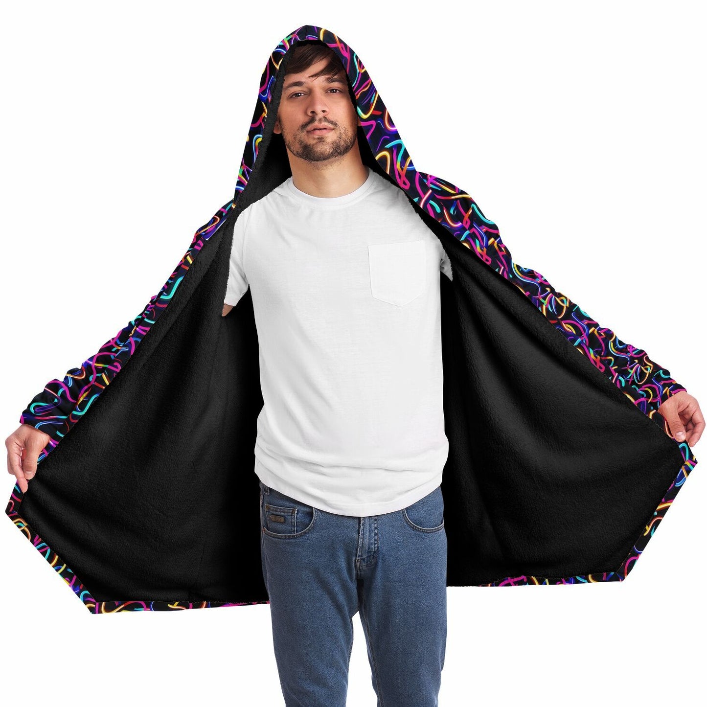 Glowing Reviews- Neon Abstract Hooded Wrap, Glowing Digital Art Lines