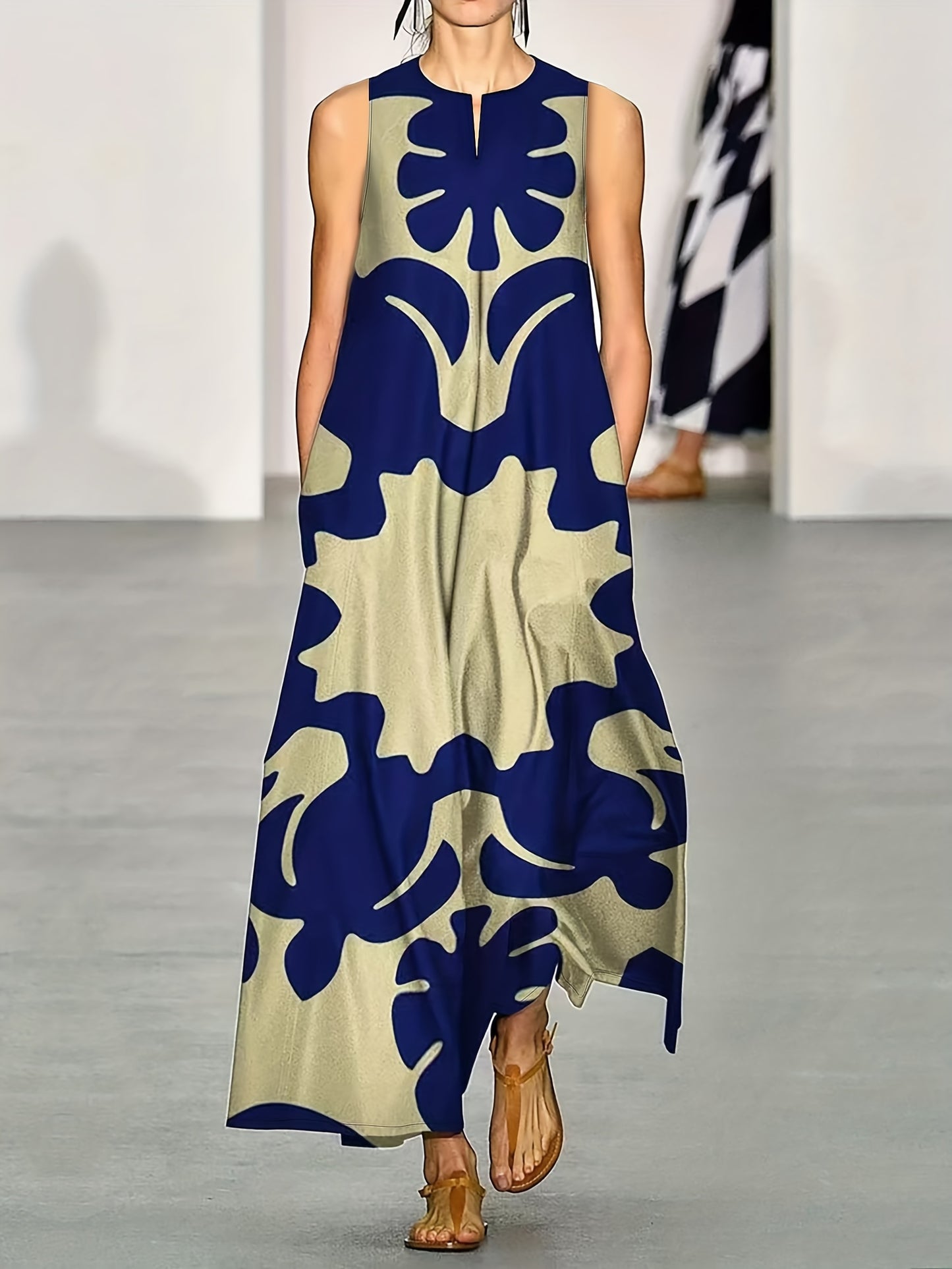 Women's Bohemian Floral Print V-Neck Sleeveless A-Line Dress with Pockets - Navy Blue & Beige Floral Pattern, Large Swing Skirt, All-Season Casual to Dressy Wear, Floral Print Dress, Versatile Fashion, Elegant Design, No Stre