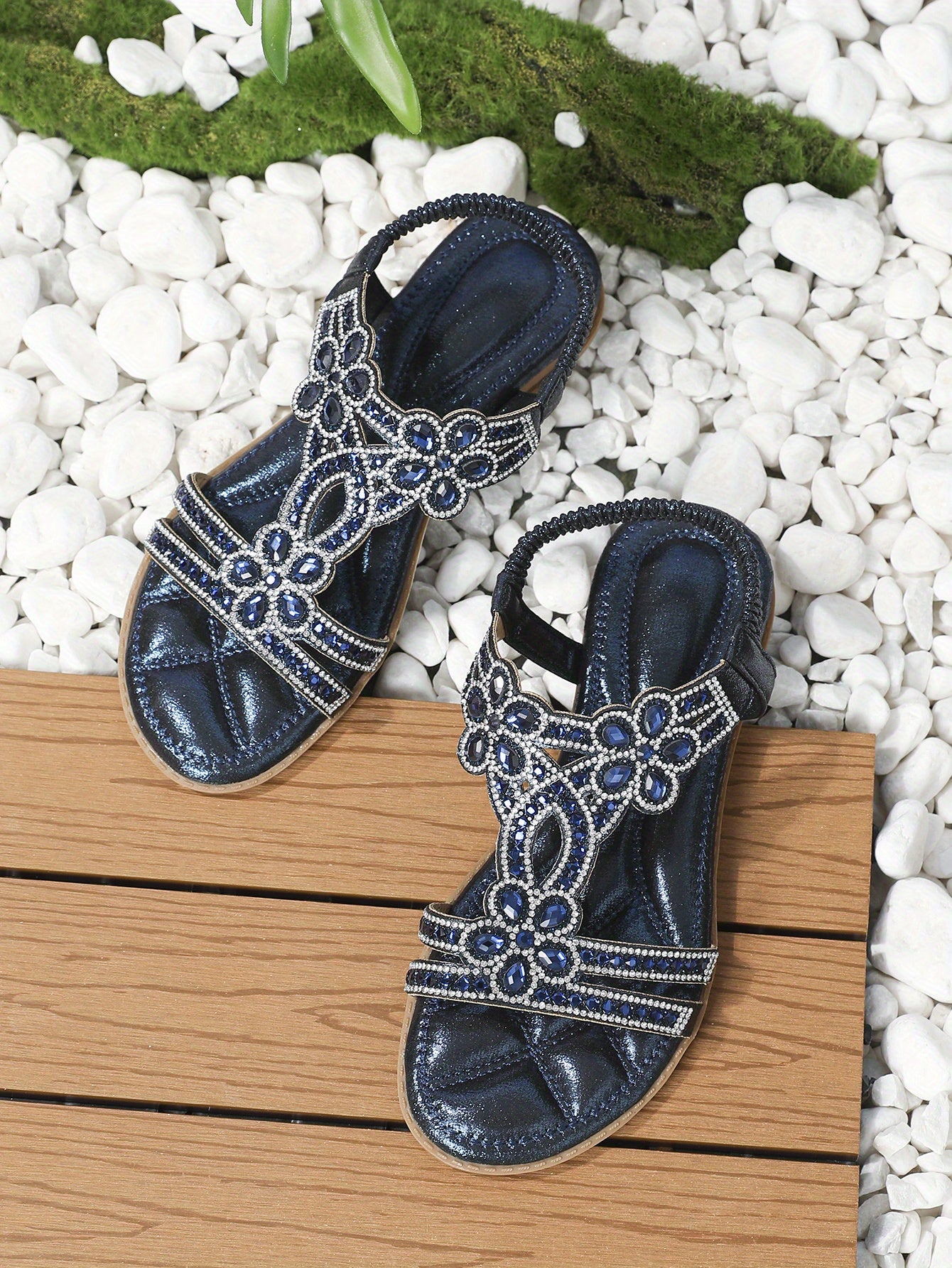Women's Rhinestone Bohemian Wedge Sandals with Dress Shoe - Wide Width Summer Slippers, Thick Platform Heel &  Upper/Cushioning - Sparkling Party Shoes for Weddings, Beach, Prom (Hand Washable)