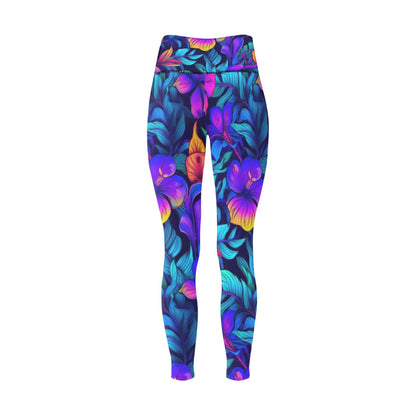 Women's High-Waisted Leggings Neon Tropical Flowers & Leaves
