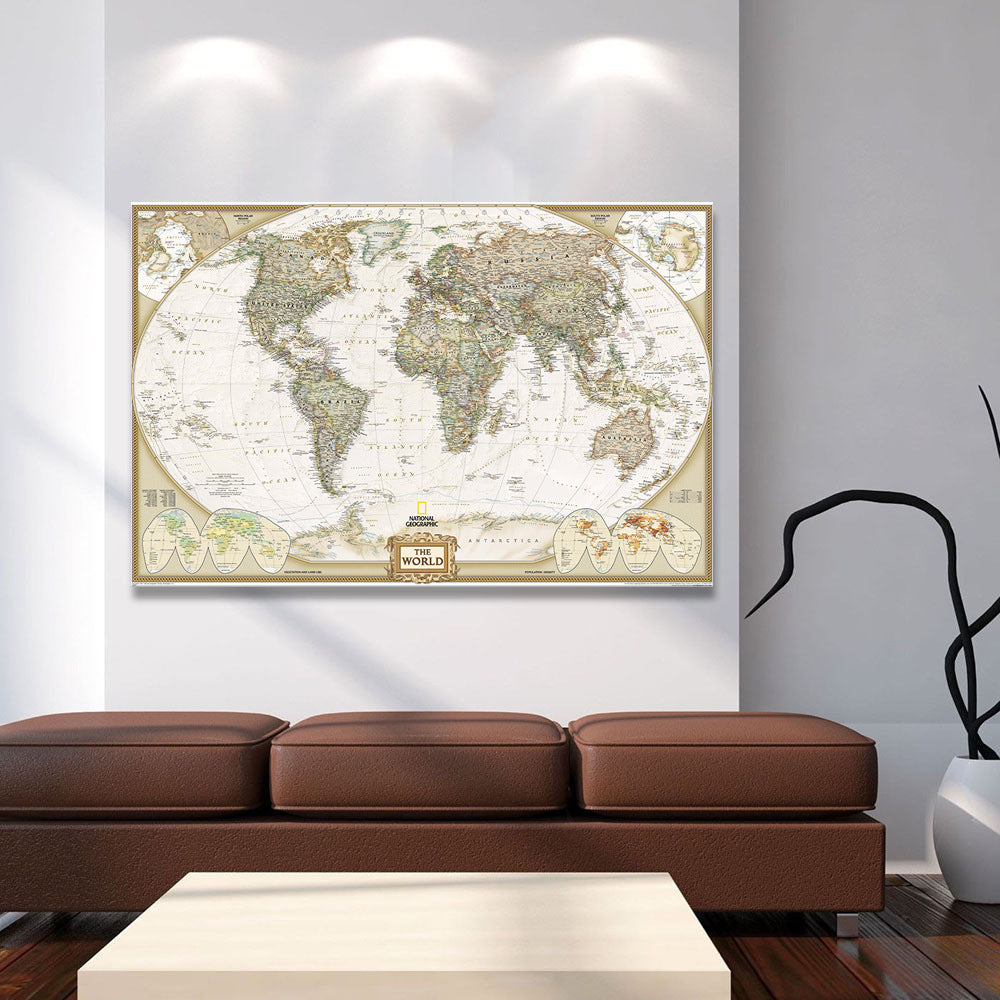 Vintage World Map Wall Art Print | Antique Atlas Canvas Decor for Living Room, Office & Study | Travel-Inspired World Map Artwork