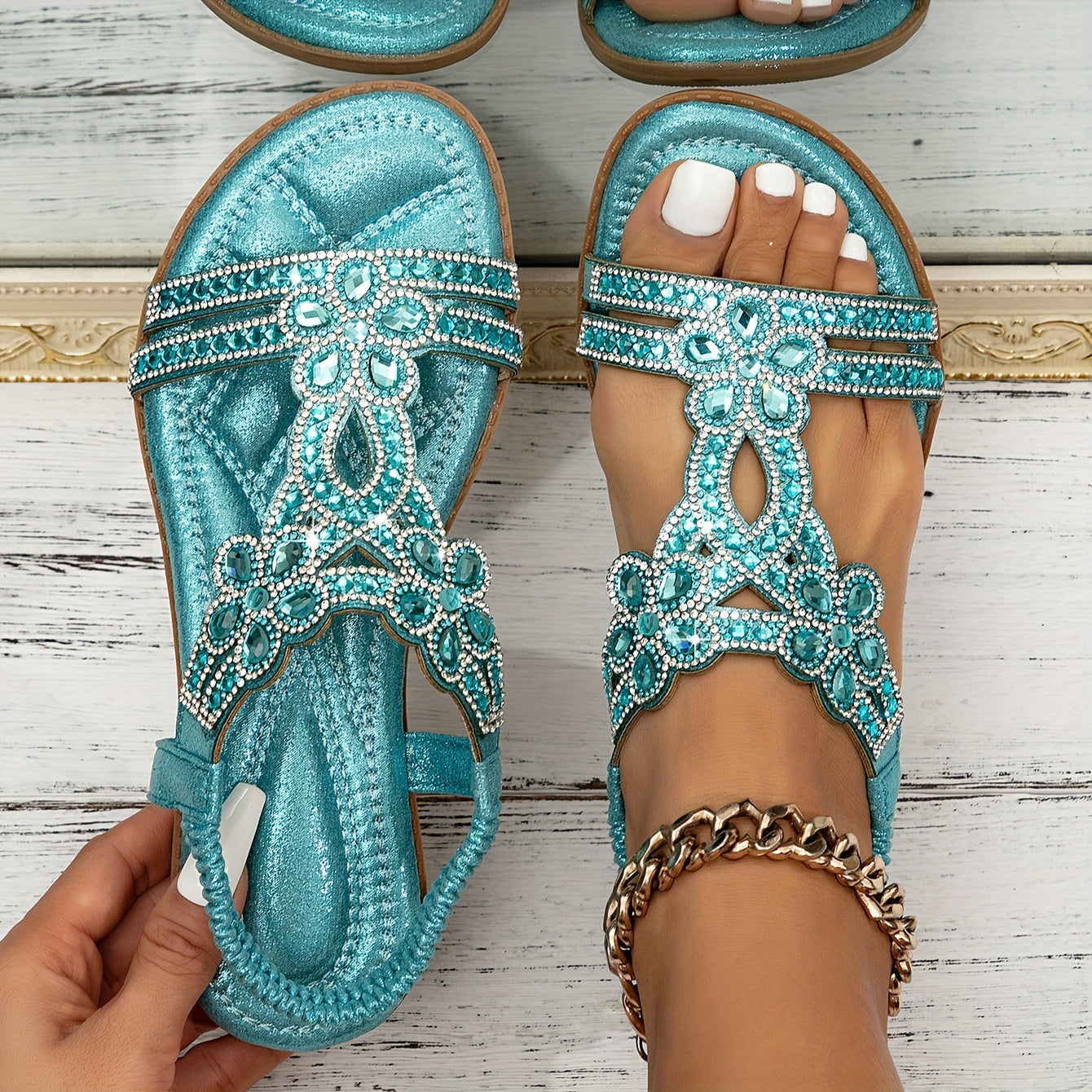 Women's Rhinestone Bohemian Wedge Sandals with Dress Shoe - Wide Width Summer Slippers, Thick Platform Heel &  Upper/Cushioning - Sparkling Party Shoes for Weddings, Beach, Prom (Hand Washable)