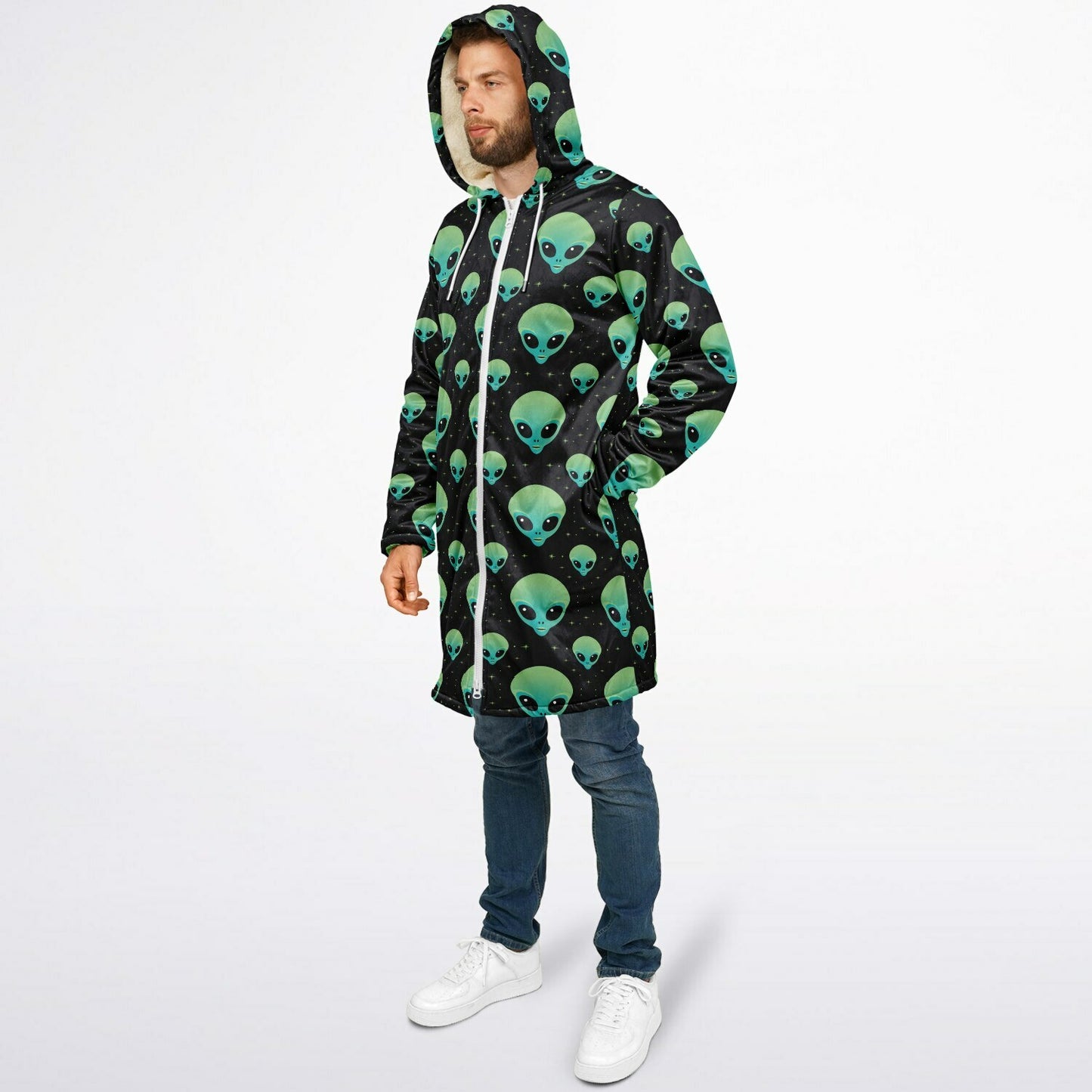 Area 51 Black & Green Alien Terrestrial Zipper Cloak – One-of-a-Kind Hooded Cape for Festivals, Travel & Statement Style | Holloween Coat