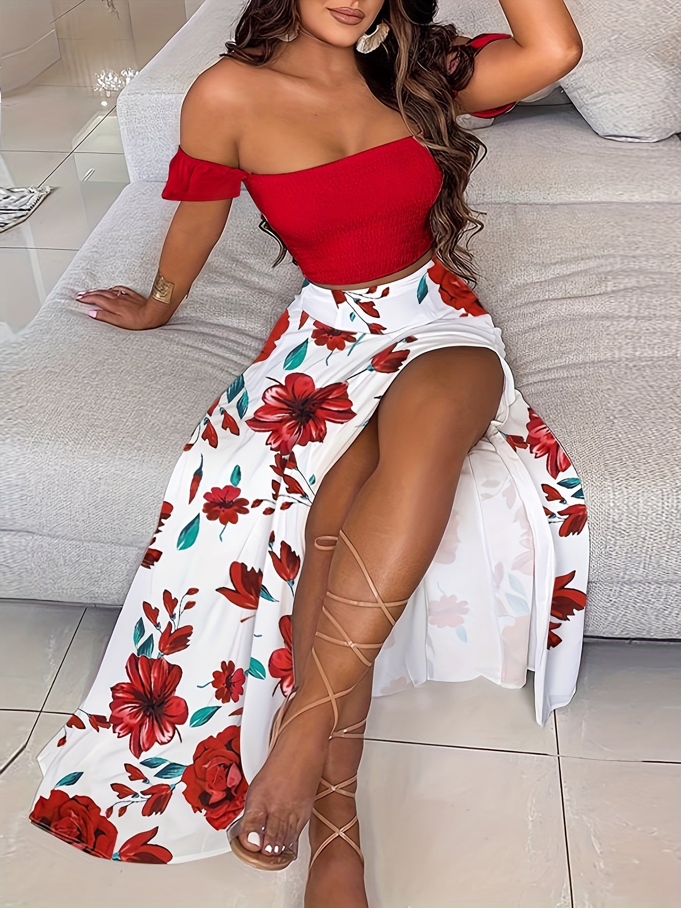 Slim-Fit French-Style Bohemian Digital Print Mid-Length Vintage Tube Top Skirt Set for Women