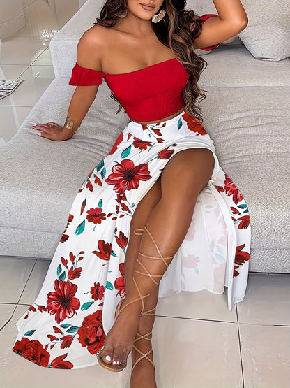Slim-Fit French-Style Bohemian Digital Print Mid-Length Vintage Tube Top Skirt Set for Women