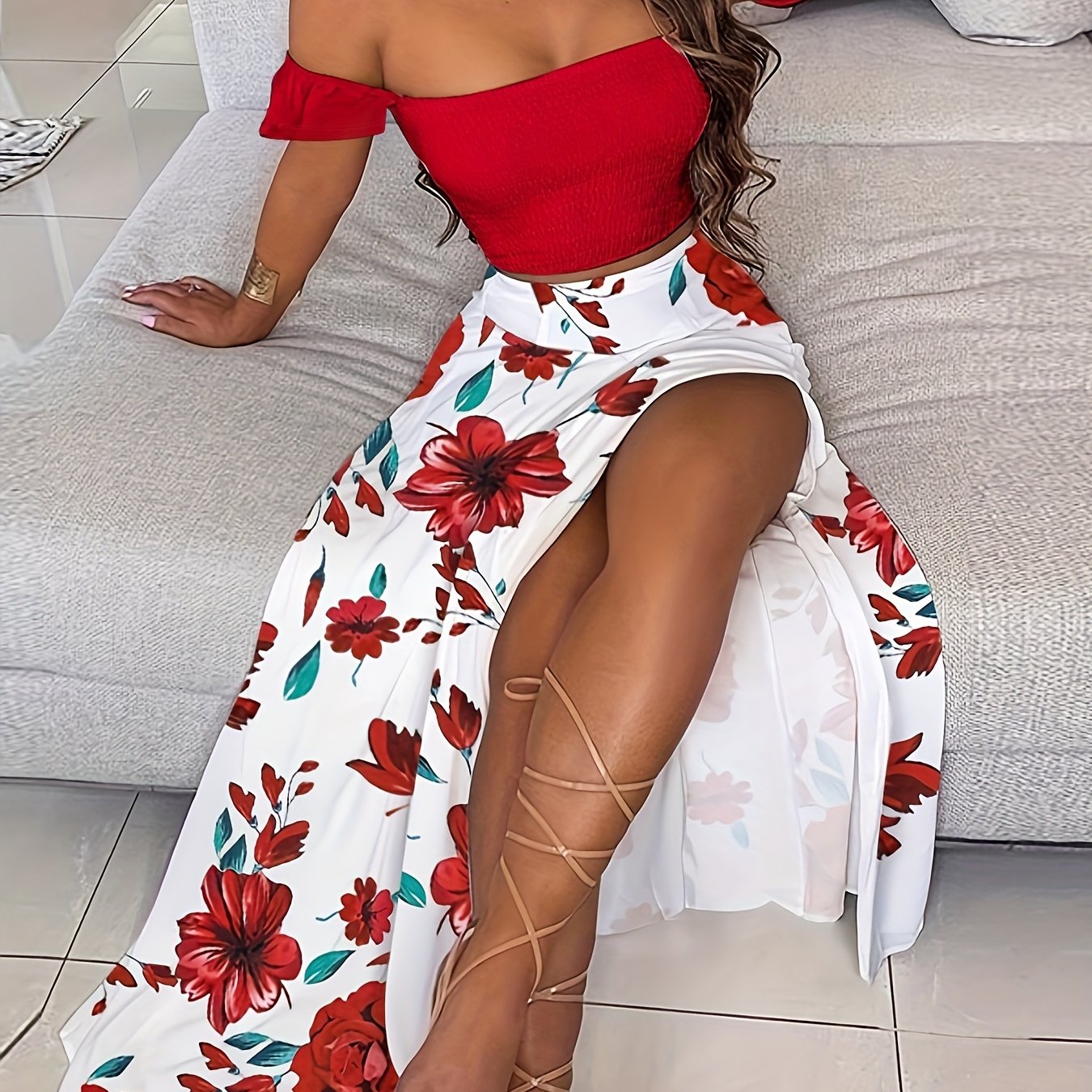 Slim-Fit French-Style Bohemian Digital Print Mid-Length Vintage Tube Top Skirt Set for Women