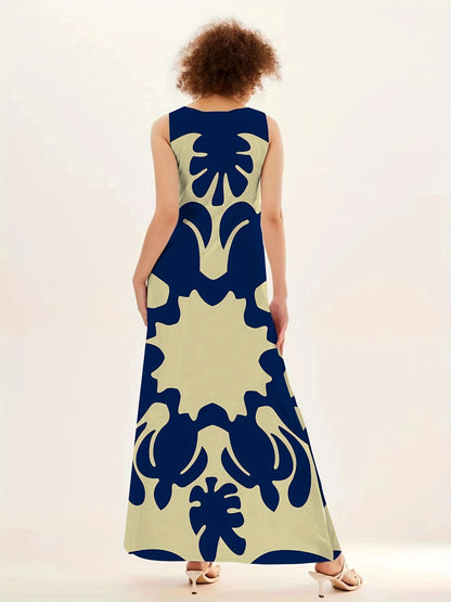 Women's Bohemian Floral Print V-Neck Sleeveless A-Line Dress with Pockets - Navy Blue & Beige Floral Pattern, Large Swing Skirt, All-Season Casual to Dressy Wear, Floral Print Dress, Versatile Fashion, Elegant Design, No Stre