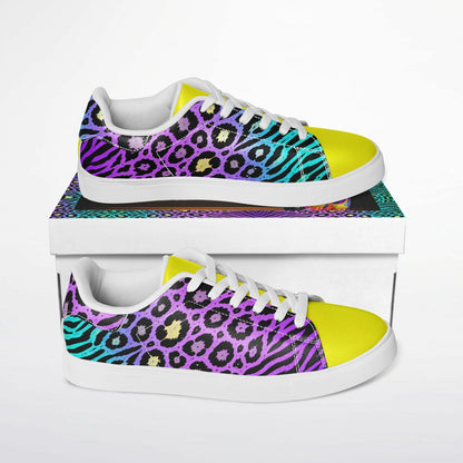 Teal Leopard & Zebra Unisex Sneakers – Bold Purple & Yellow Statement Shoes