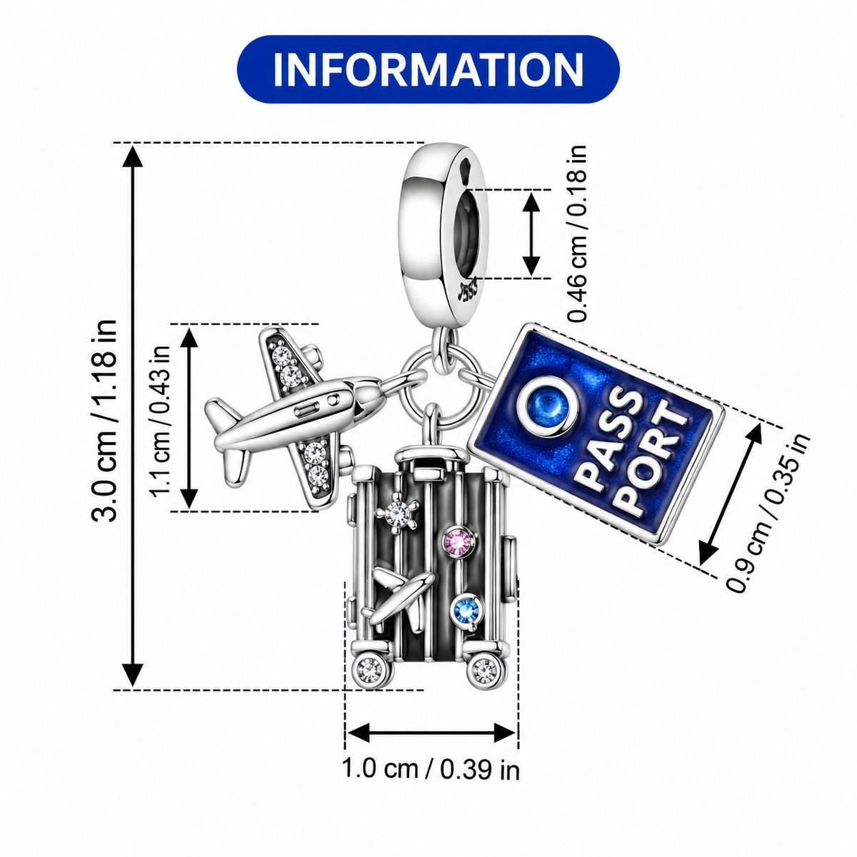 Travel Charm | Sterling Silver Airplane, Passport & Suitcase Dangle | Wanderlust Bracelet Bead Gift