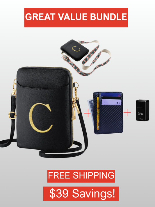 Personalized Initial Crossbody Bag Bundle – RFID Anti-Theft Bag + 2 Straps + GPS Tracker + Slim Carbon Fiber Wallet | Free Shipping