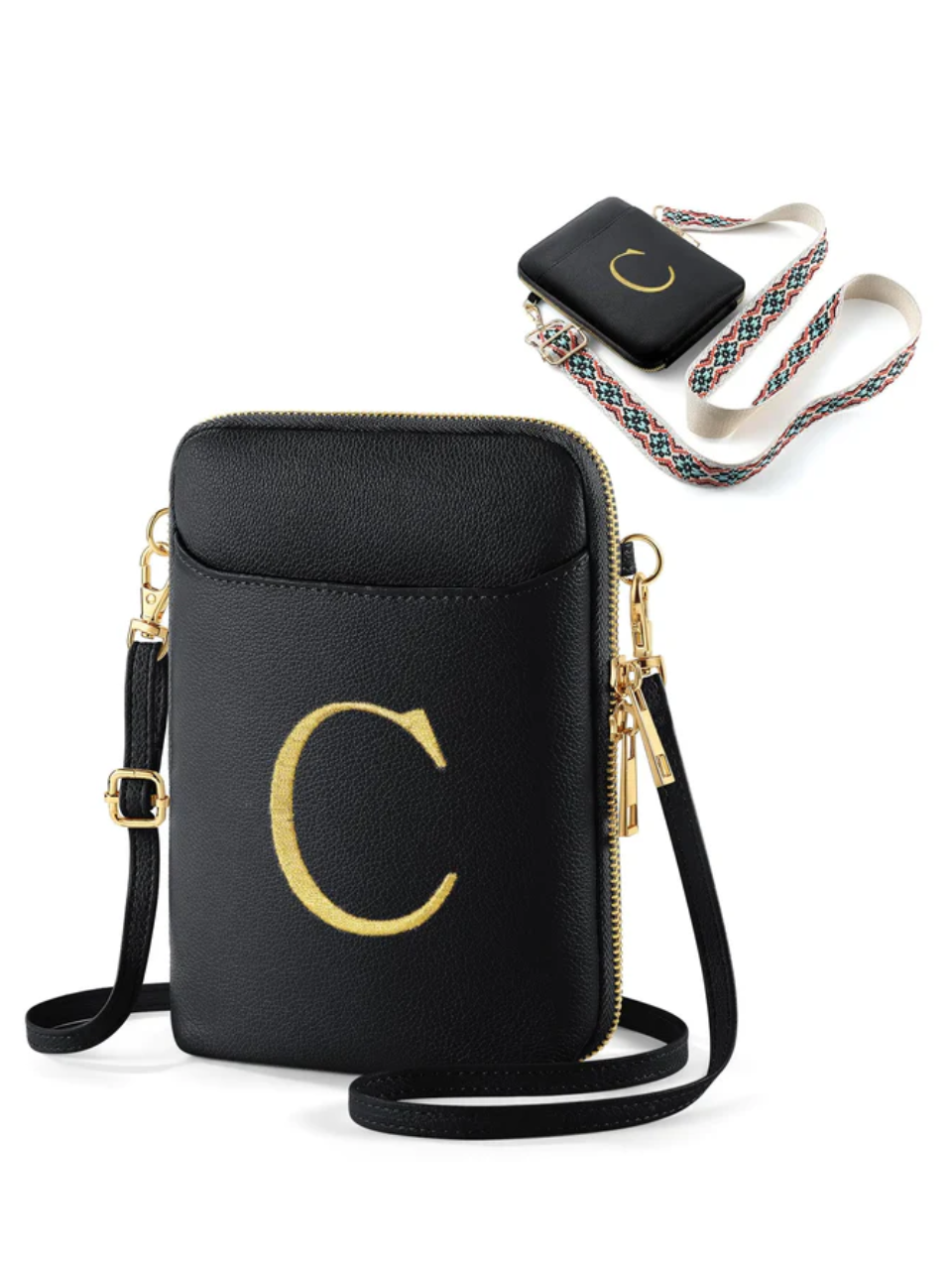 Personalized Initial Crossbody Bag Bundle – RFID Anti-Theft Bag + 2 Straps + GPS Tracker + Slim Carbon Fiber Wallet | Free Shipping