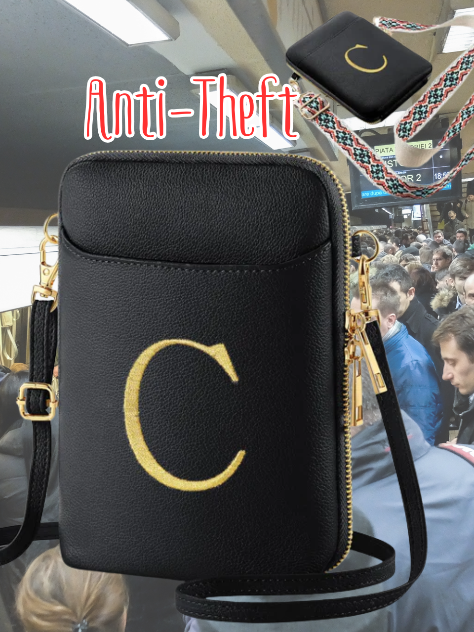 Personalized Initial Vegan Leather Crossbody Bag for Women – RFID Anti-Theft, Stylish & Hands-Free