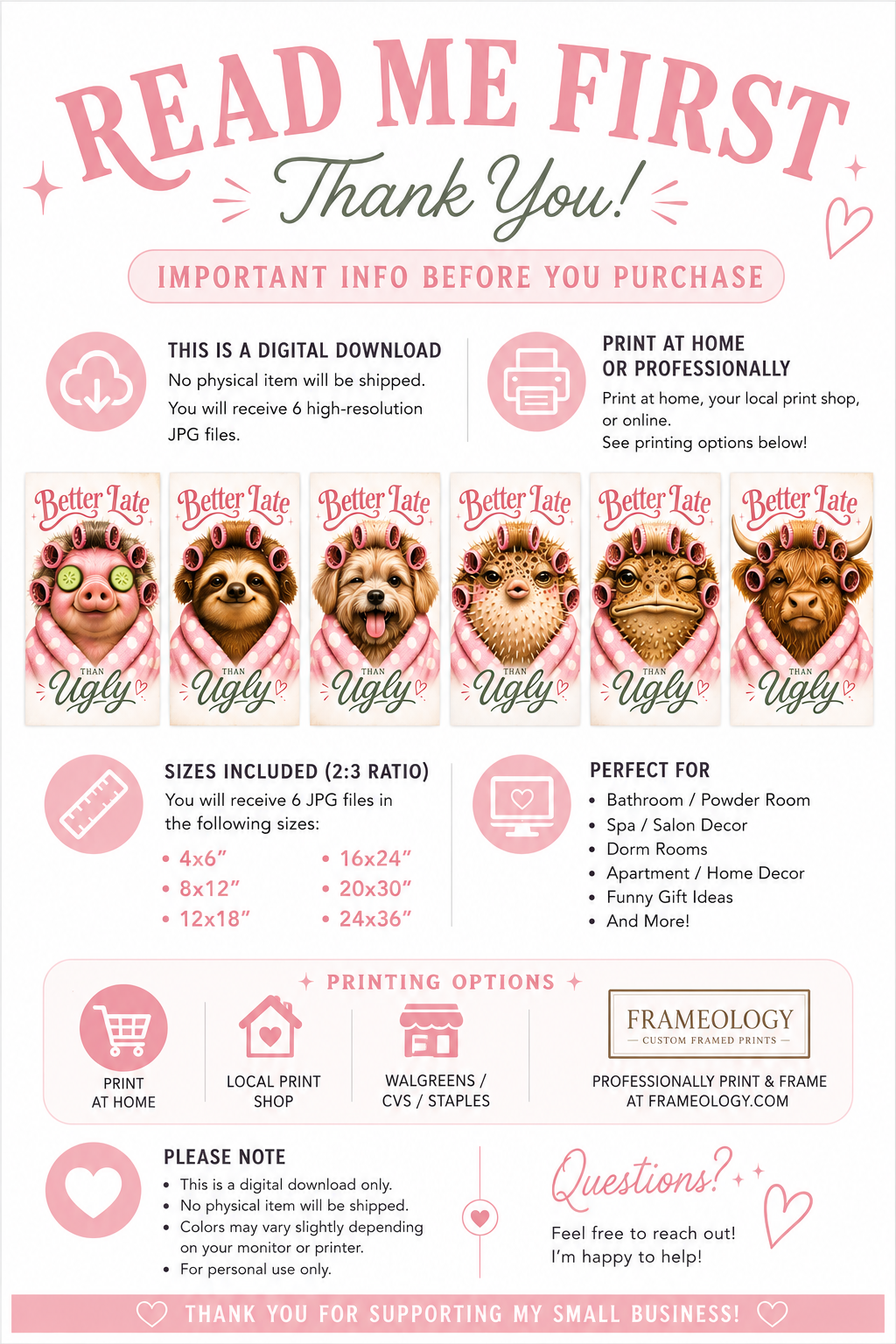 Funny Bathroom Wall Art Set of 6 | Cute Animal Spa Printable Decor